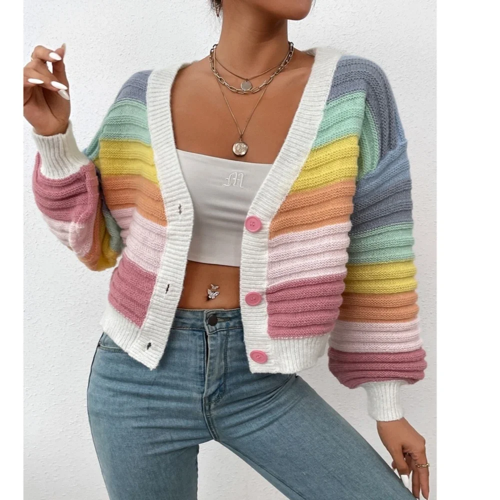 Rainbow Colors Fun Knit Cardigan Sweater Button Front V-Neck - Picture 7 of 10